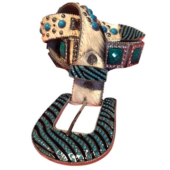 BHW Unisex Belt Leather Cowhide Turquoise Rhinestone Silver XL 41L Western Bling - Picture 3 of 9